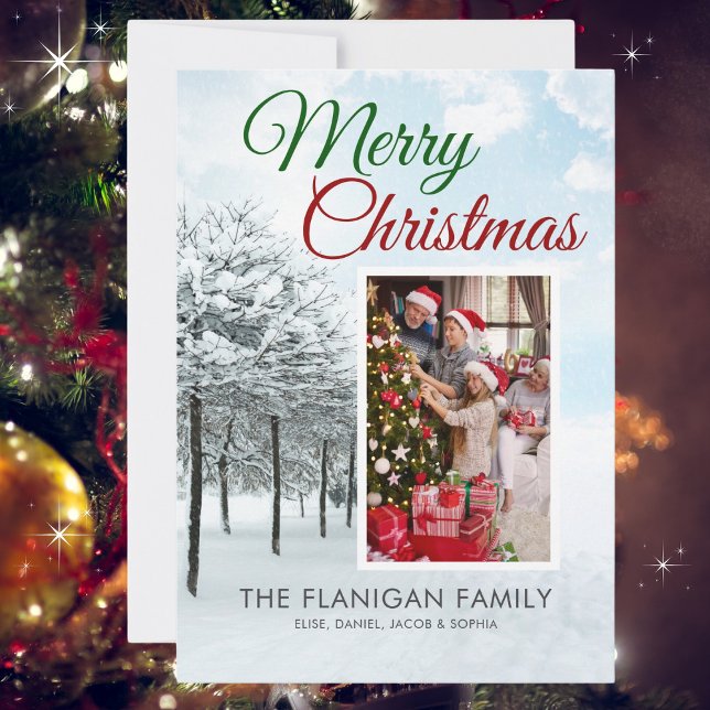 Tarjeta Festiva Nombres de fotos de la familia de invierno de Navi (Available for instant download or order for mail delivery. Add a photo and family name(s). )