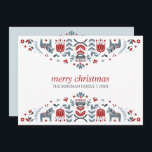 Tarjeta Festiva Nordic Folk Art | Christmas Holidays 3 Photo<br><div class="desc">Inspired to traditional Scandinavian Folk Art this design pictures objects from nature: Animals, birds, trees, plants, and flowers and Dala Horses in a classic Nordic palette of shades of blue and red. Two folk borders frame your holiday wishes: "Merry Christmas" appears at the centre in red serif lettering, with your...</div>
