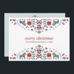 Tarjeta Festiva Nordic Folk Art | Christmas Holidays 3 Photo<br><div class="desc">Inspired to traditional Scandinavian Folk Art this design pictures objects from nature: Animals, birds, trees, plants, and flowers and Dala Horses in a classic Nordic palette of shades of blue and red. Two folk borders frame your holiday wishes: "Merry Christmas" appears at the centre in red serif lettering, with your...</div>