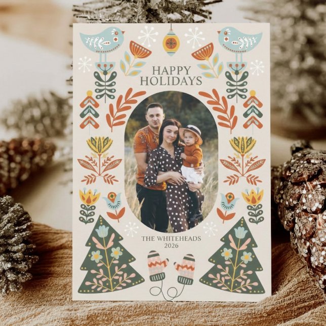 Tarjeta Festiva Nordic Folk Art Christmas Oval Photo (This holiday card features a Folksy Chic, Scandinavian/Nordic-inspired aesthetic.)
