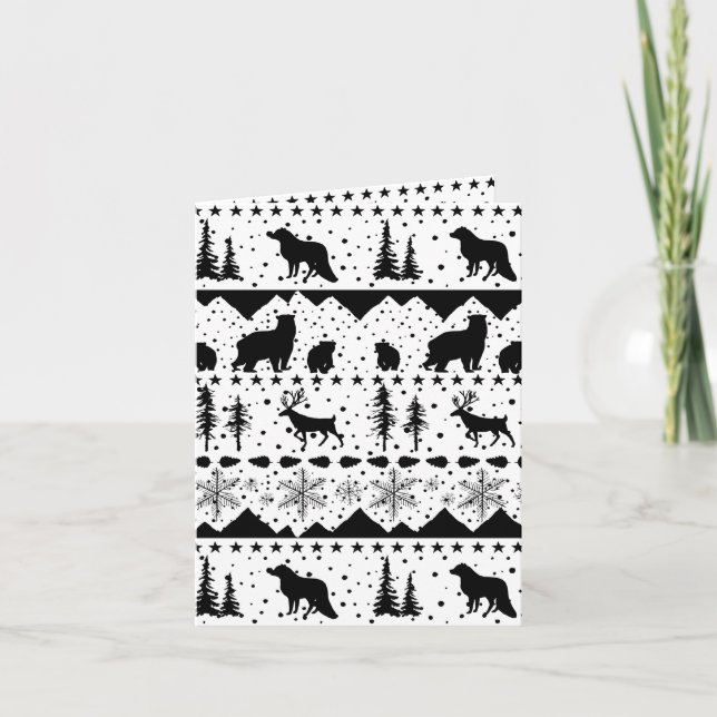 Tarjeta Festiva Nórdico Sweater Animales De Invierno Negros Y Blan (Anverso)