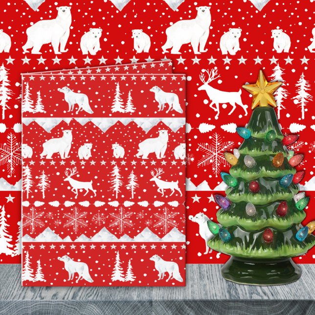 Tarjeta Festiva Nórdico Sweater Animales De Invierno Rojos Y Blanc (Nordic Sweater Red And White Winter Animals Holiday Wraparound Graphics Card. Numerous color combos.)