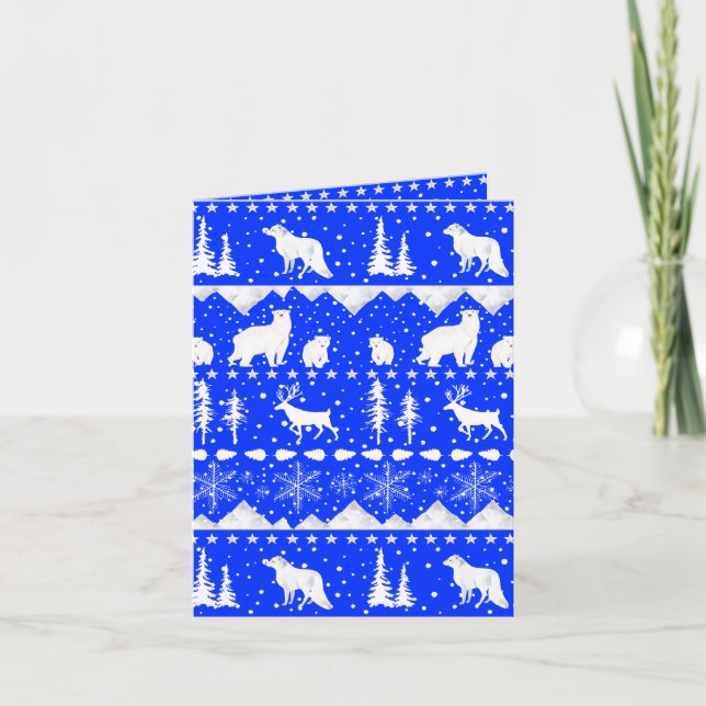 Tarjeta Festiva Nórdico Sweater Royal Blue White Winter Animales d (Anverso)
