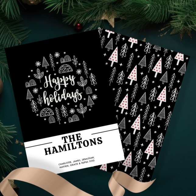 Tarjeta Festiva Nórdicos escandinavos Felices Fiestas personalizad (Scandinavian Nordic Happy Holidays Personalized Holiday Card by Ricaso. Black and white Christmas)