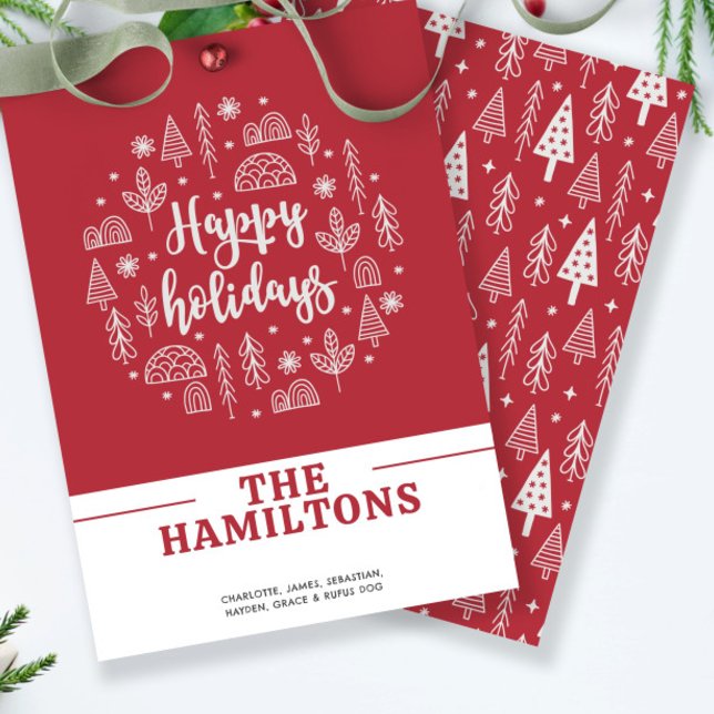 Tarjeta Festiva Nórdicos escandinavos Felices Fiestas personalizad (Scandinavian Nordic Happy Holidays Personalized Holiday Card by Ricaso. Red and white add own text)