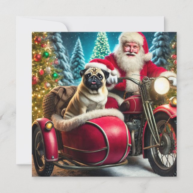 Tarjeta Festiva Norman T Pug con Santa y sidecar (Anverso)