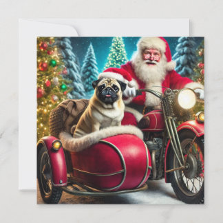 Tarjeta Festiva Norman T Pug con Santa y sidecar