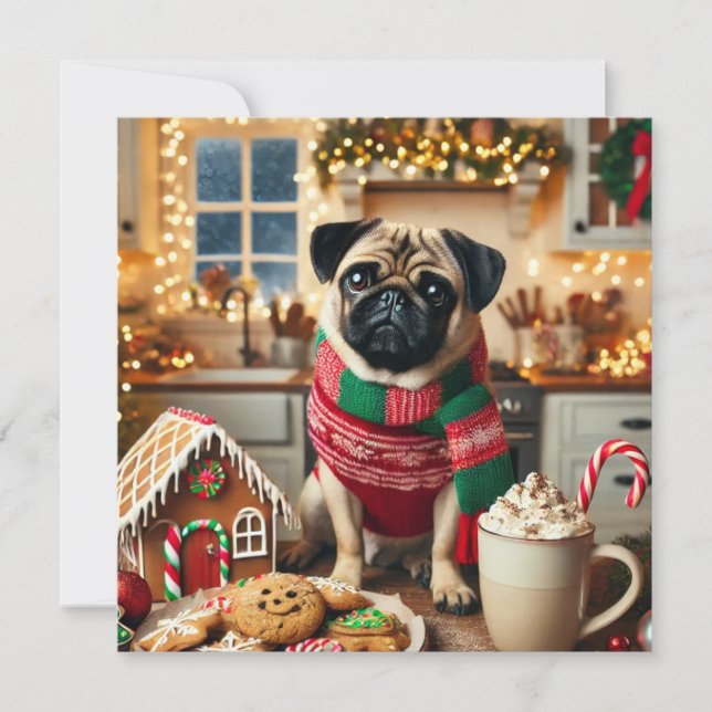 Tarjeta Festiva Norman T Pug con taza caliente (Anverso)