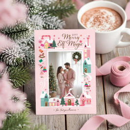 Tarjeta Festiva North Pole Pink Elf Workshop Santa Photo