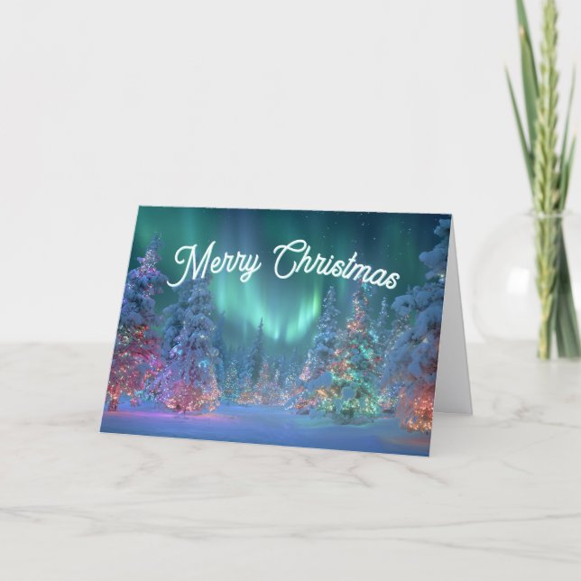 Tarjeta Festiva Northern Lights Pastel Trees Merry Christmas (Anverso)
