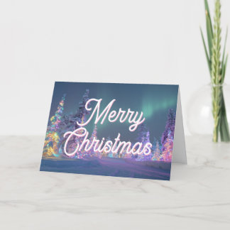 Tarjeta Festiva Northern Lights Pastel Trees Merry Christmas