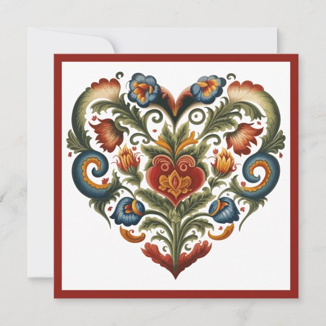 Tarjeta Festiva Noruego Rosemaling Folk Art Heart Valentines (Anverso)