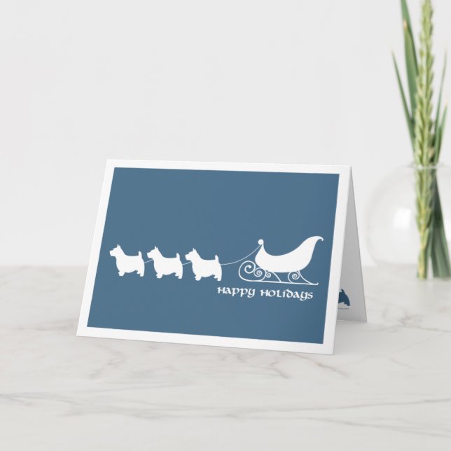 Tarjeta Festiva Norwich Terriers sacando el Sleigh de Santa (Anverso)