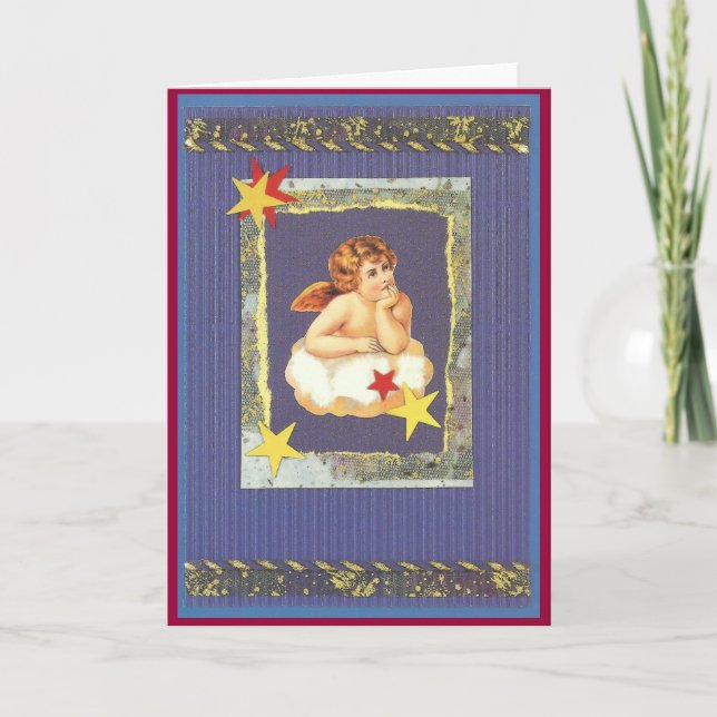 Tarjeta Festiva nostalgia Weihnachts ángel en nube en azul (Anverso)