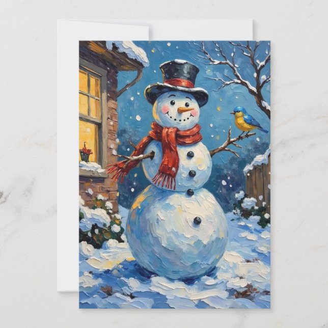 Tarjeta Festiva Nostalgic Happy Snowman with Bluebird Winter Scene (Anverso)