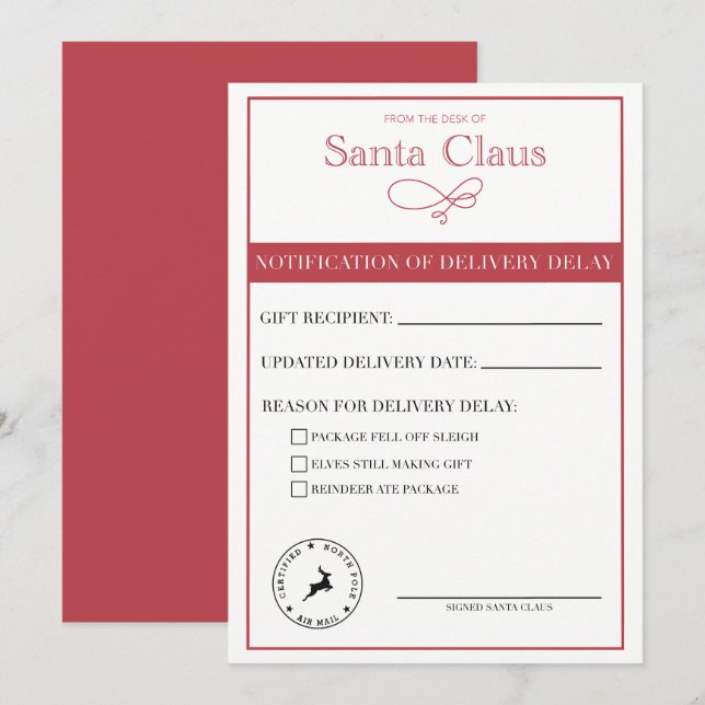 Tarjeta Festiva Notificación de Santa de Retraso en la Entrega en  (Anverso / Reverso)
