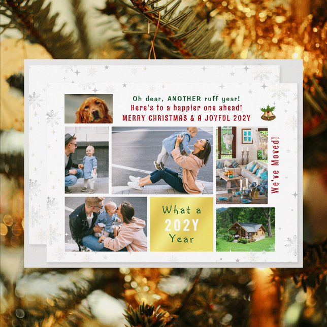 Tarjeta Festiva Novedosa temporada de perros hemos mudado a casa 6 (Funny Pet Dog Another Ruff Year Christmas New Year Card We've Moved 6 Photos Elegant Cute Modern)