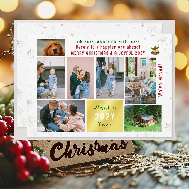 Tarjeta Festiva Novedosa temporada de perros hemos mudado de nuevo (Funny Pet Dog Ruff Year Christmas New Year Card We've Moved 7 Photos Elegant Golden Cute Modern)