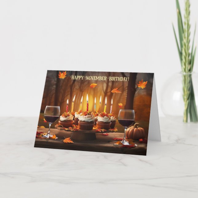 Tarjeta Festiva November Happy Birthday with Wine Cupcakes  (Anverso)