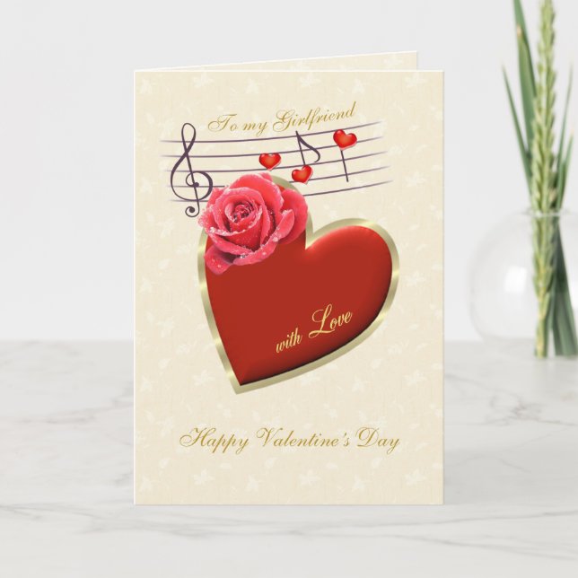 Tarjeta Festiva Novia San Valentín - Música, corazón y Rosa (Anverso)