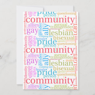 Tarjeta Festiva nube de palabras de la comunidad LGBTQ+ arcoíris d
