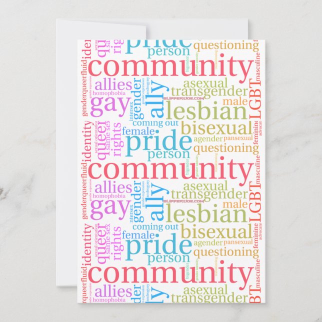 Tarjeta Festiva nube de palabras de la comunidad LGBTQ+ arcoíris d (Anverso)