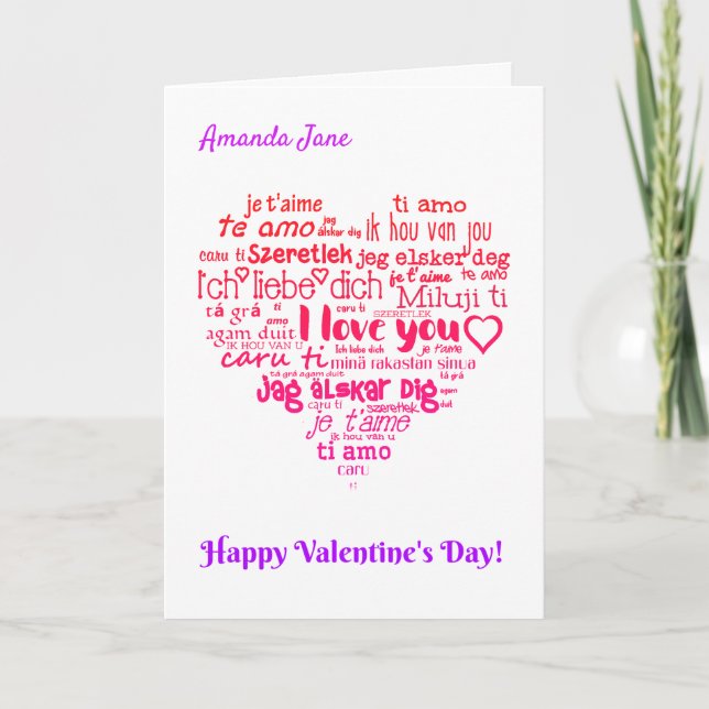 Tarjeta Festiva Nube de palabras en forma de corazón multilingüe p (Anverso)