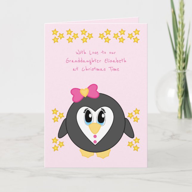 Tarjeta Festiva Nuestra nieta en los Navidades lindo pingüino rosa (Anverso)