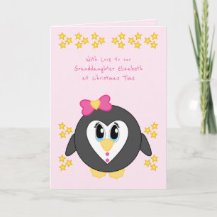 Tarjeta Festiva Nuestra nieta en los Navidades lindo pingüino rosa