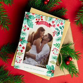 Tarjeta Festiva Nuestra primera acuarela de fotos casadas de Navid