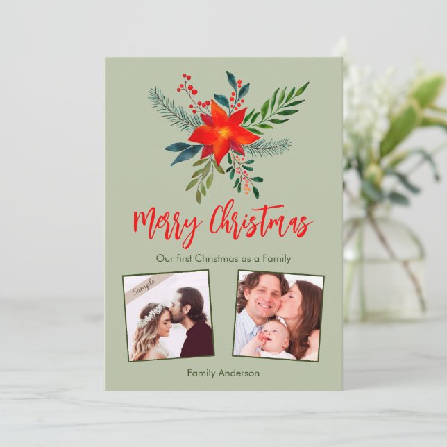 Tarjeta Festiva Nuestra primera familia navideña, foto Personaliza (Anverso de pie)