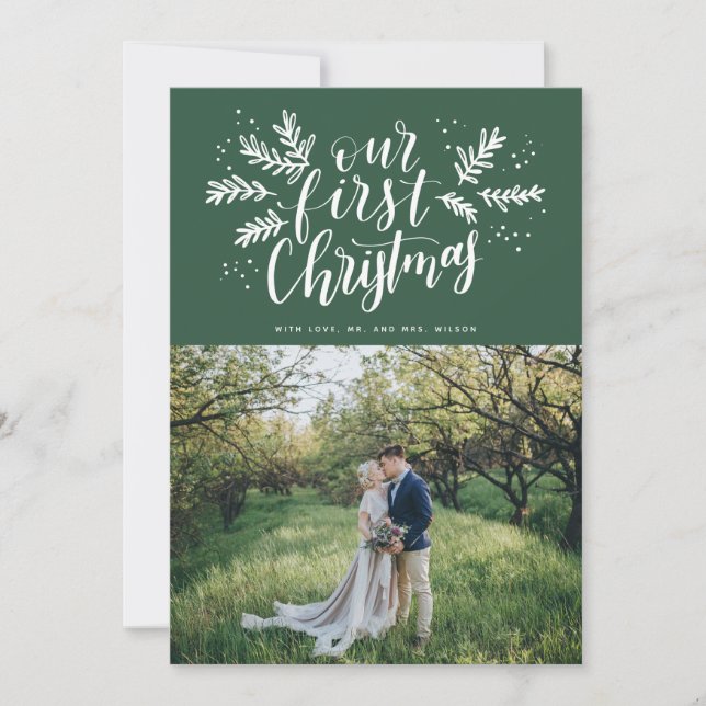 Tarjeta Festiva Nuestra primera foto con letras de manos recién ca (Anverso)