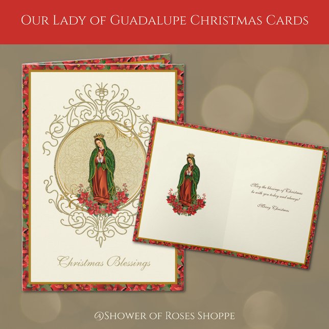 Tarjeta Festiva Nuestra Señora de Guadalupe Navidades Fiesta de Po (Our Lady of Guadalupe Christmas Cards with red poinsettias)