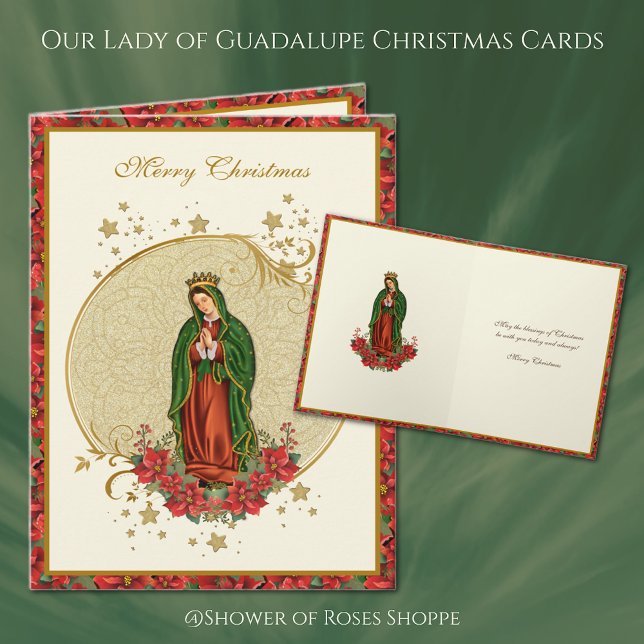 Tarjeta Festiva Nuestra Señora de Guadalupe Navidades Pointsettia (Our Lady of Guadalupe Christmas Cards - Easy to personalize! )