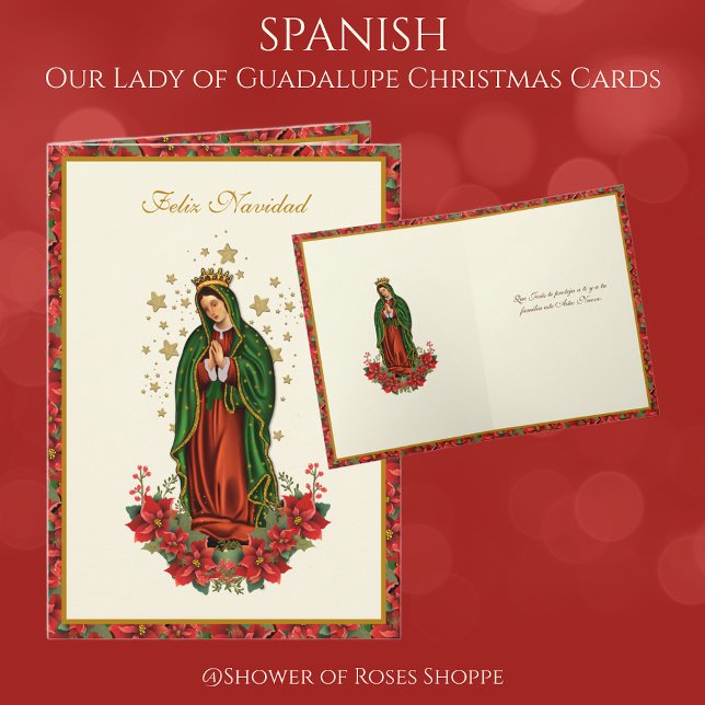Tarjeta Festiva Nuestra Señora de Guadalupe Navidades Pointsettia (Spanish Our Lady of Guadalupe Christmas Cards - Easy to personalize! )