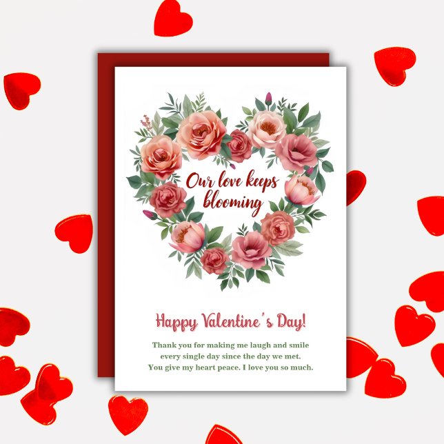 Tarjeta Festiva Nuestro amor sigue floreciendo floral día de San V (Our Love Keeps Blooming Floral Valentine's Day Holiday Card)