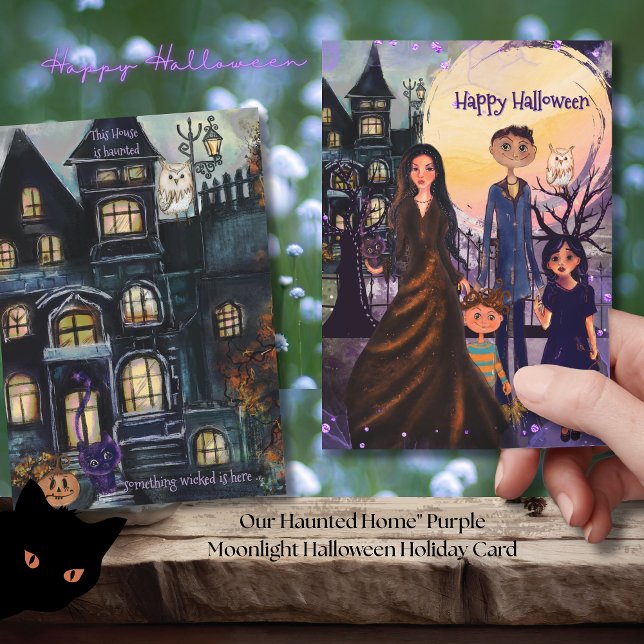 Tarjeta Festiva Nuestro hogar atormentado" Purple Moonlight Hallow (Our Haunted Home Purple Moonlight Halloween Holiday Card)