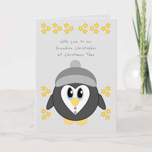 Tarjeta Festiva Nuestro nieto en Navidades lindos pingüino gris (Anverso)