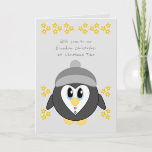 Tarjeta Festiva Nuestro nieto en Navidades lindos pingüino gris