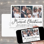 Tarjeta Festiva Nuestro primer Collage de fotos Boda de Navidades<br><div class="desc">Enviar alegres deseos de vacaciones como nuevo Sr. ¡Y la Sra.! Celebra el matrimonio como recién casados y comparte tres de tus fotos favoritas de bodas con un elegante collage de fotos de personalizados "Nuestros primeros Navidades casados". Todo el texto de esta plantilla es sencillo de personalizar para incluir cualquier...</div>