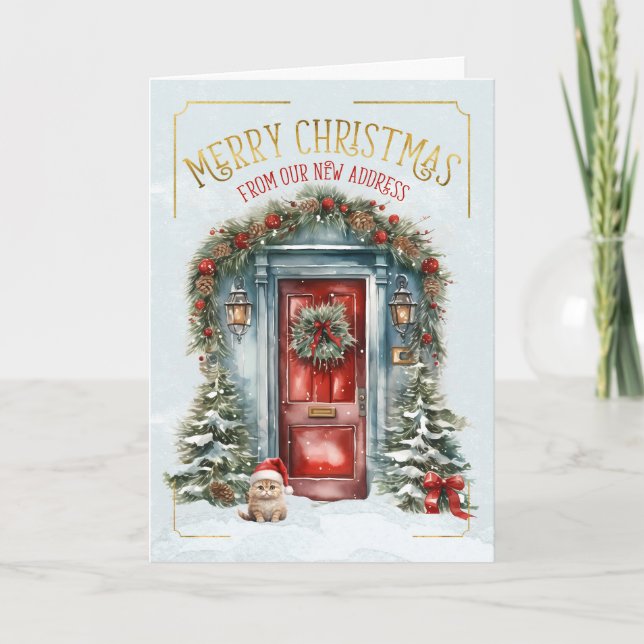 Tarjeta Festiva Nueva dirección Navidades de puerta azul y roja (Anverso)