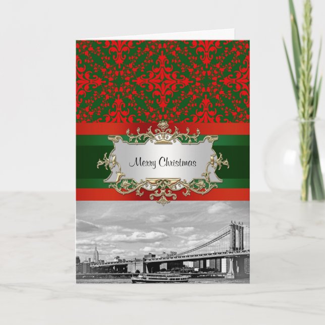 Tarjeta Festiva Nueva York Skyline Manhattan Bridge Damask Xmas (Anverso)