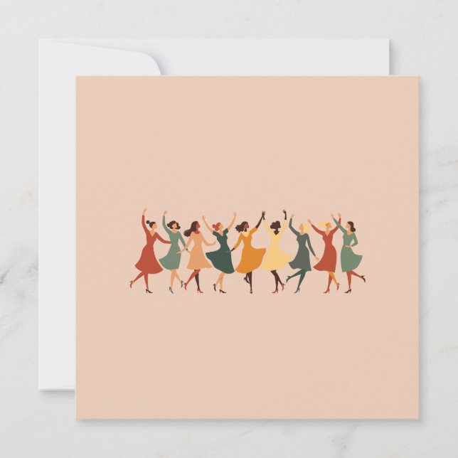 Tarjeta Festiva Nueve Damas Bailando de Mitad de Siglo Retro con R (Anverso)