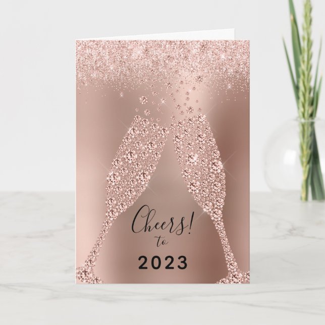 Tarjeta Festiva Nuevo año 2023 Rosa Purpurina de metal de oro (Anverso)