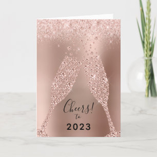 Tarjeta Festiva Nuevo año 2023 Rosa Purpurina de metal de oro