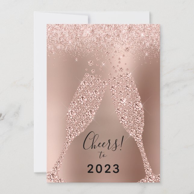 Tarjeta Festiva Nuevo año 2023 Rosa Purpurina de metal de oro (Anverso)
