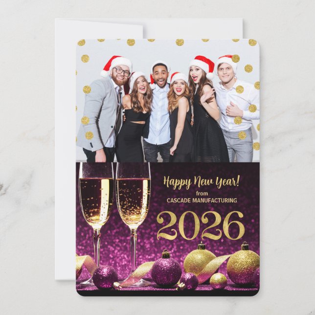 Tarjeta Festiva Nuevo año 2026 Purple Gold Champagne Foto comercia (Anverso)