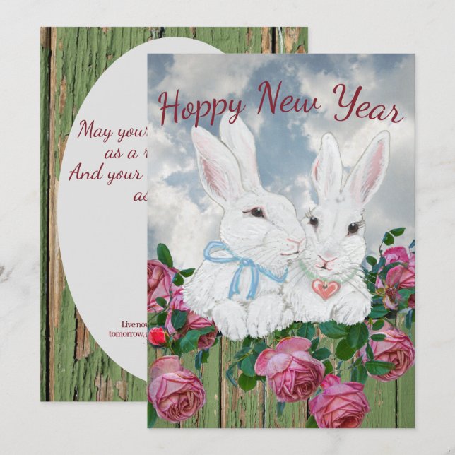Tarjeta Festiva Nuevo año conejo conejo conejo folk verse Inspirad (Anverso / Reverso)