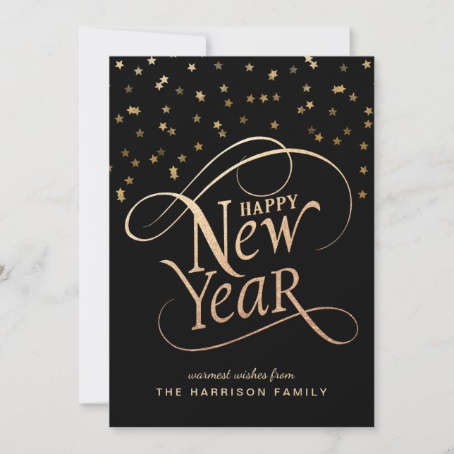 Tarjeta Festiva Nuevo Año Elegante Guión Negro Oro (Anverso)