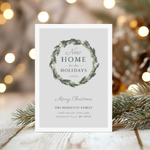 Tarjeta Festiva Nuevo Hogar Elegante Neutral Gris Verde Vino Wreat